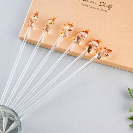 6 Pieces Cut Clear Amber Seahorse Stirrer Glass Swizzle Sticks for Cocktail Party