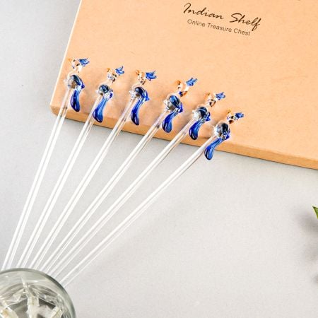 6 Pieces Cut Clear Blue Peacock Stirrer Glass Swizzle Sticks for Cocktail Party