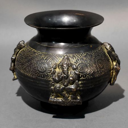 Handcrafted Brass Ritual Pot with Sculpted Devi-Devtas Handles