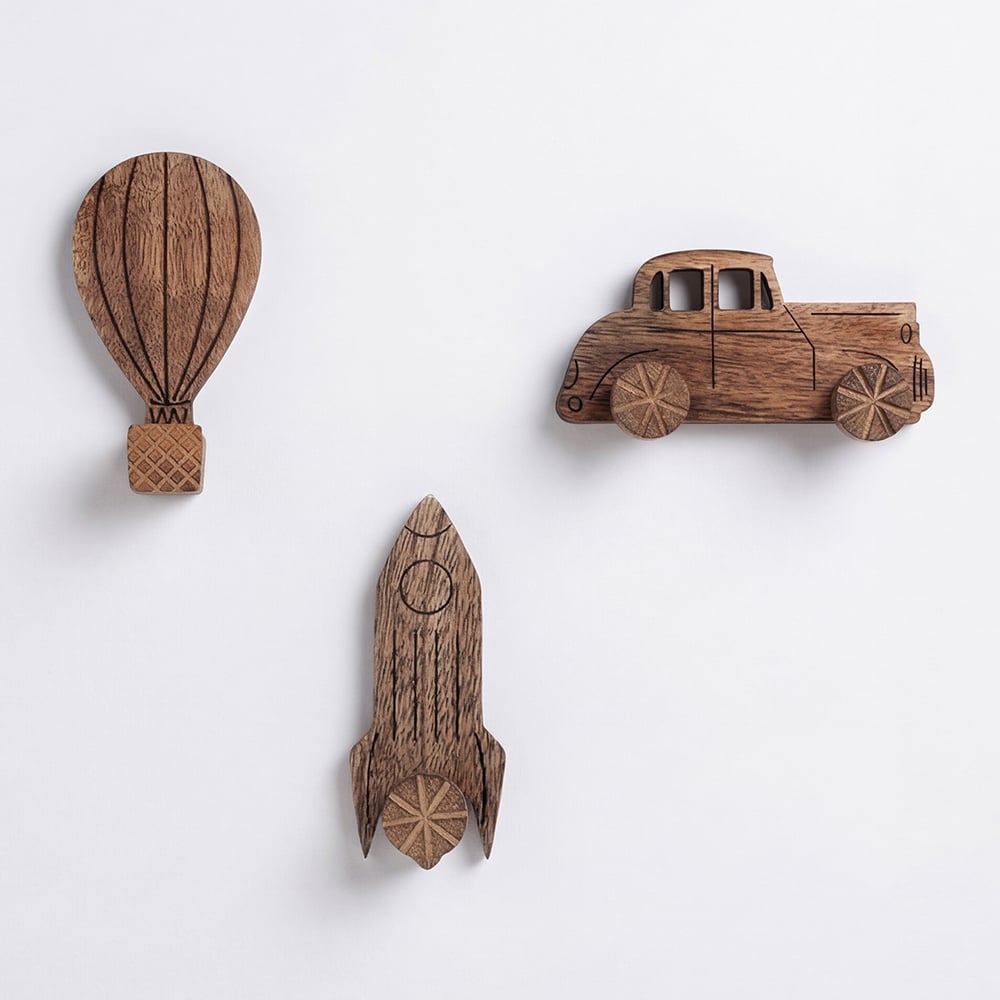 Wooden Adhesive Hot Air Balloon,Car And Rocket Shape Wall Hooks-Pack of 3