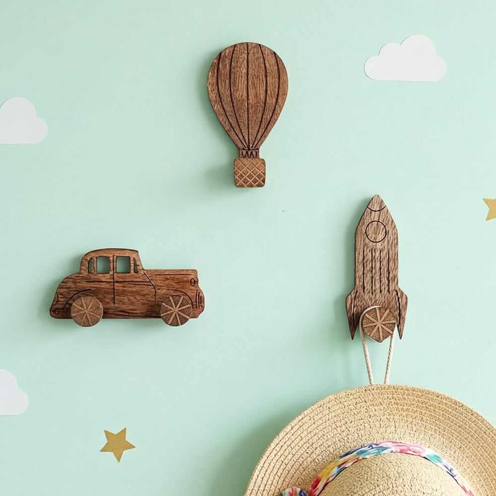 Wooden Adhesive Hot Air Balloon,Car And Rocket Shape Wall Hooks-Pack of 3