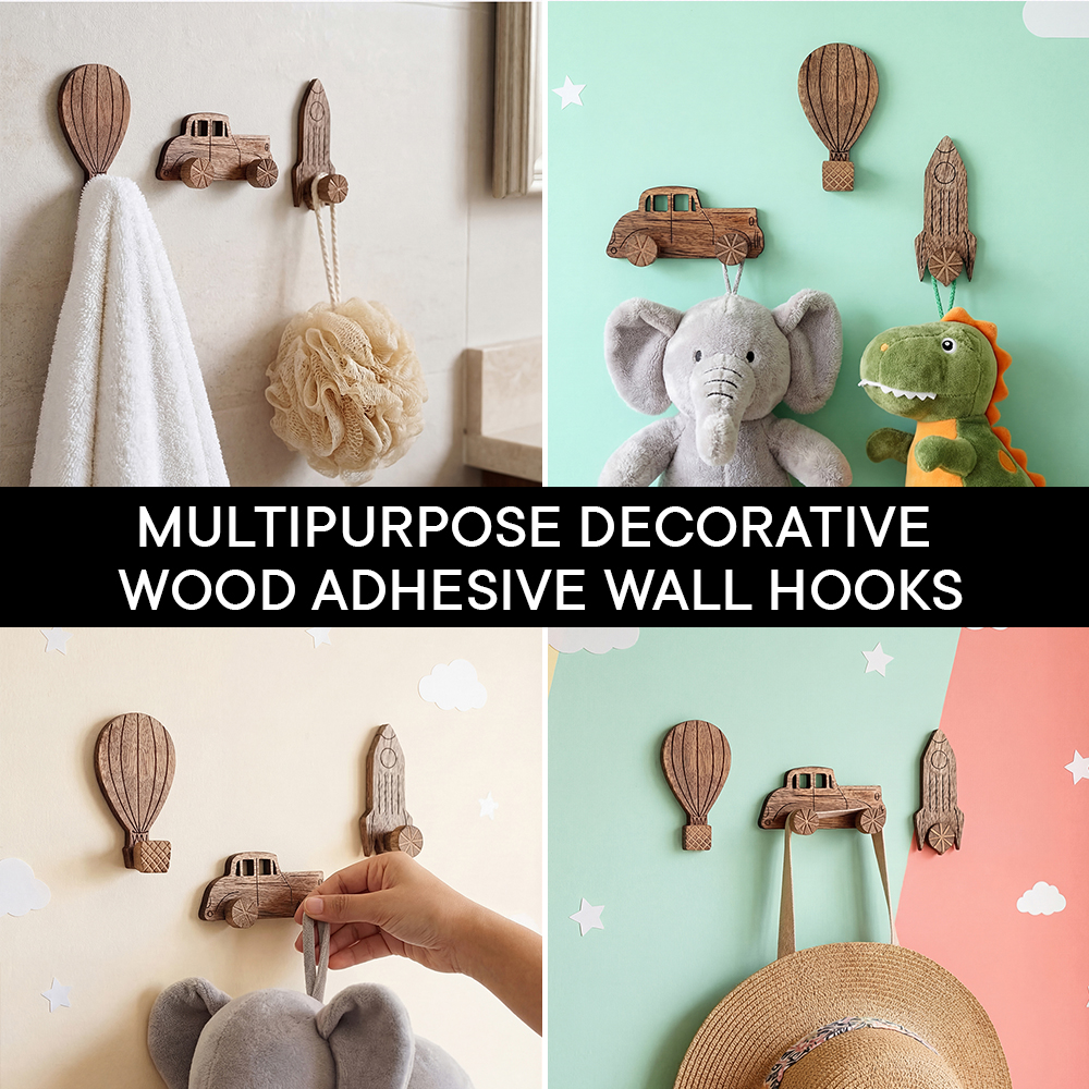Wooden Adhesive Hot Air Balloon,Car And Rocket Shape Wall Hooks-Pack of 3