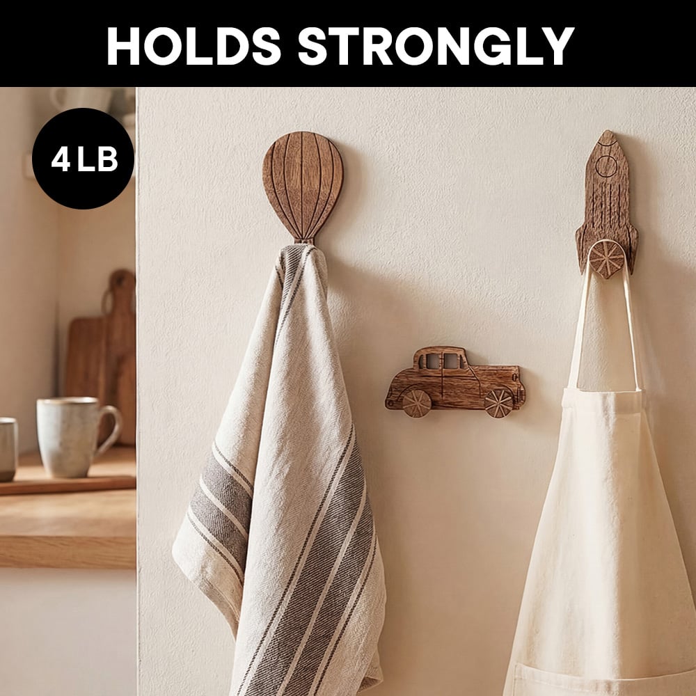 Wooden Adhesive Hot Air Balloon,Car And Rocket Shape Wall Hooks-Pack of 3