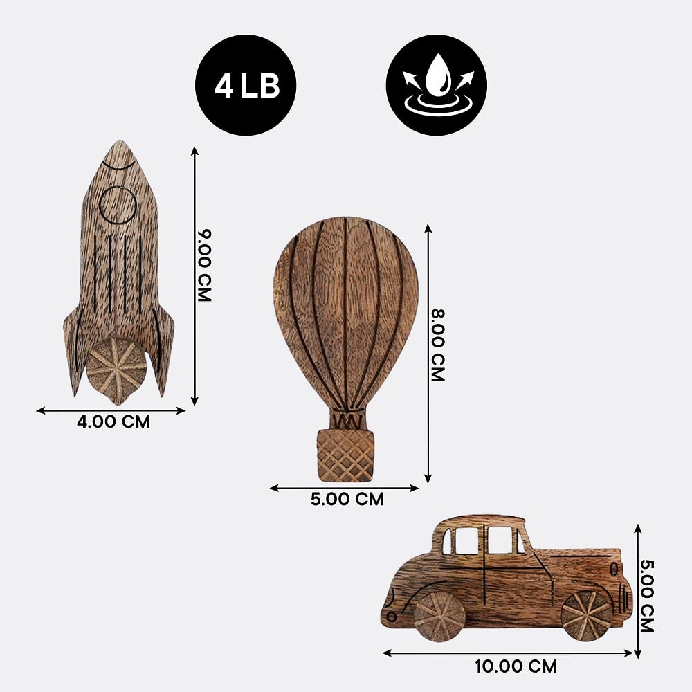 Wooden Adhesive Hot Air Balloon,Car And Rocket Shape Wall Hooks-Pack of 3