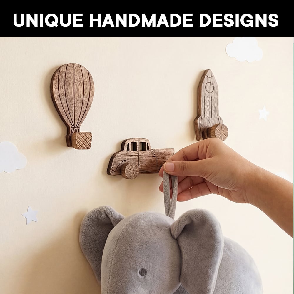 Wooden Adhesive Hot Air Balloon,Car And Rocket Shape Wall Hooks-Pack of 3