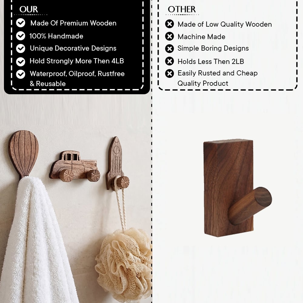 Wooden Adhesive Hot Air Balloon,Car And Rocket Shape Wall Hooks-Pack of 3