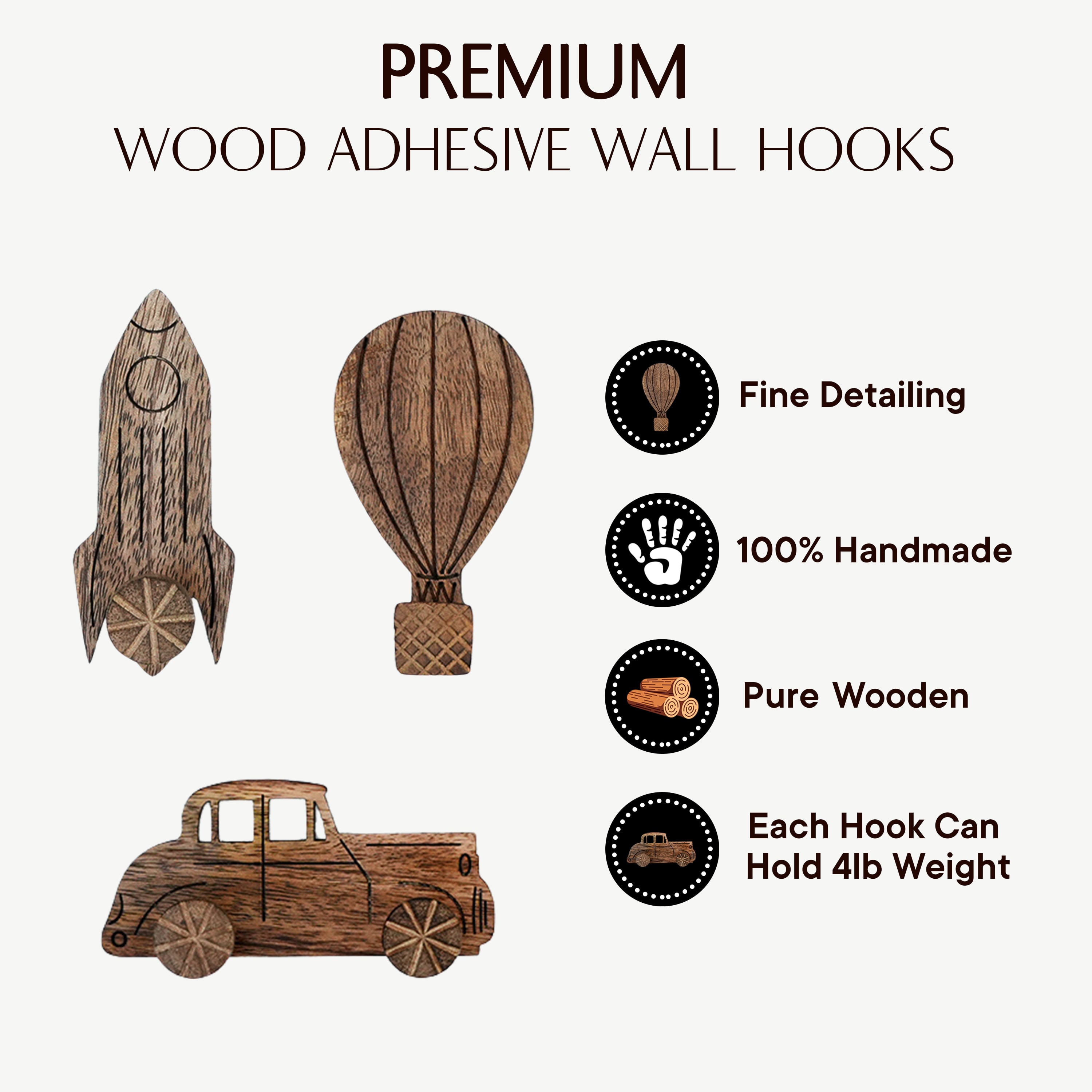Wooden Adhesive Hot Air Balloon,Car And Rocket Shape Wall Hooks-Pack of 3