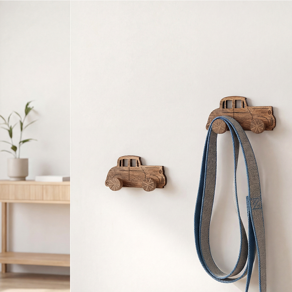 Natural Wooden Adhesive Car Design Wall Hooks-3 Pieces