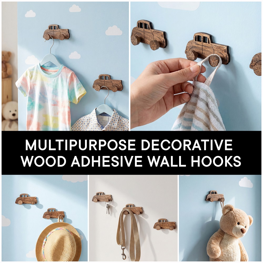 Natural Wooden Adhesive Car Design Wall Hooks-3 Pieces