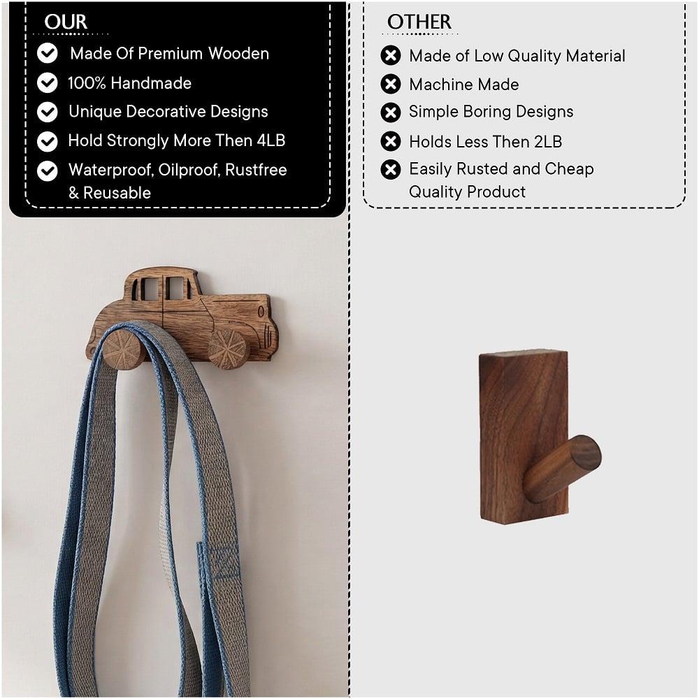 Natural Wooden Adhesive Car Design Wall Hooks-3 Pieces