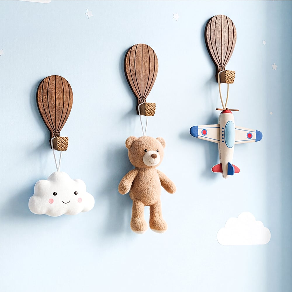 Wooden Adhesive Hot Air Balloon Shape Wall Hooks-3 Pieces