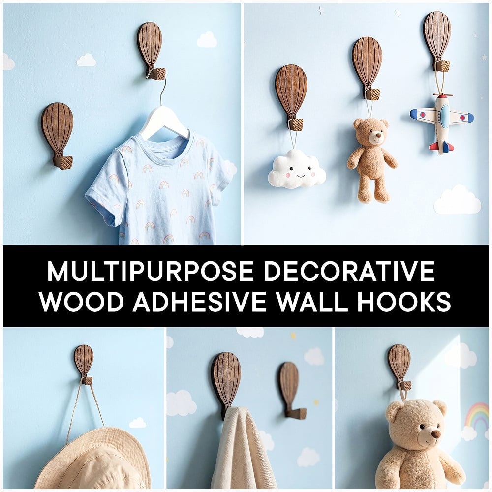 Wooden Adhesive Hot Air Balloon Shape Wall Hooks-3 Pieces