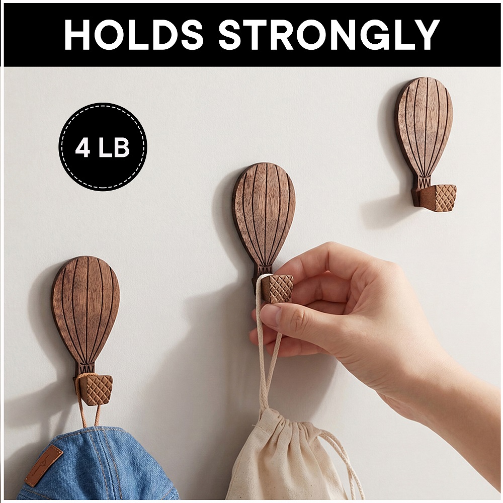 Wooden Adhesive Hot Air Balloon Shape Wall Hooks-3 Pieces