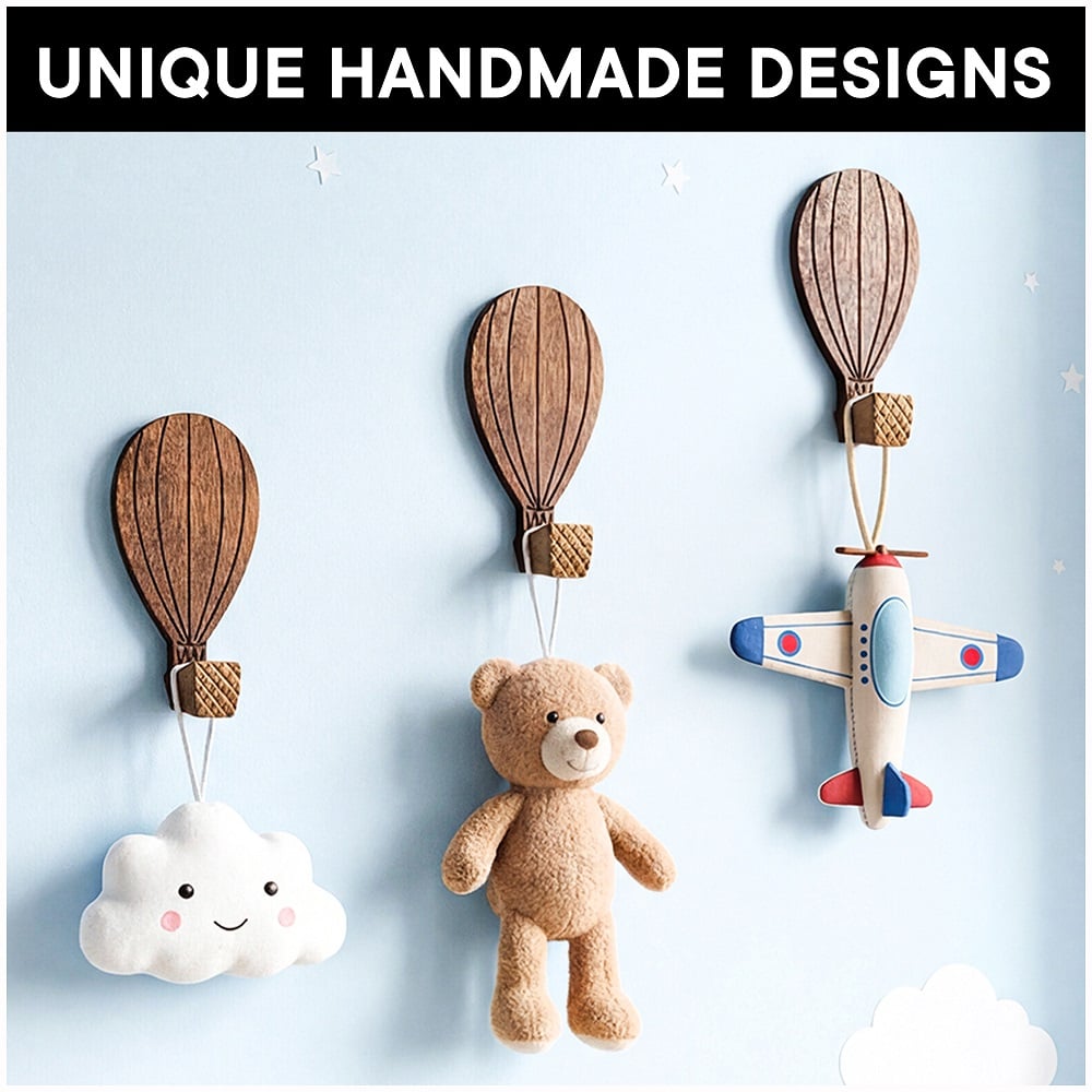 Wooden Adhesive Hot Air Balloon Shape Wall Hooks-3 Pieces