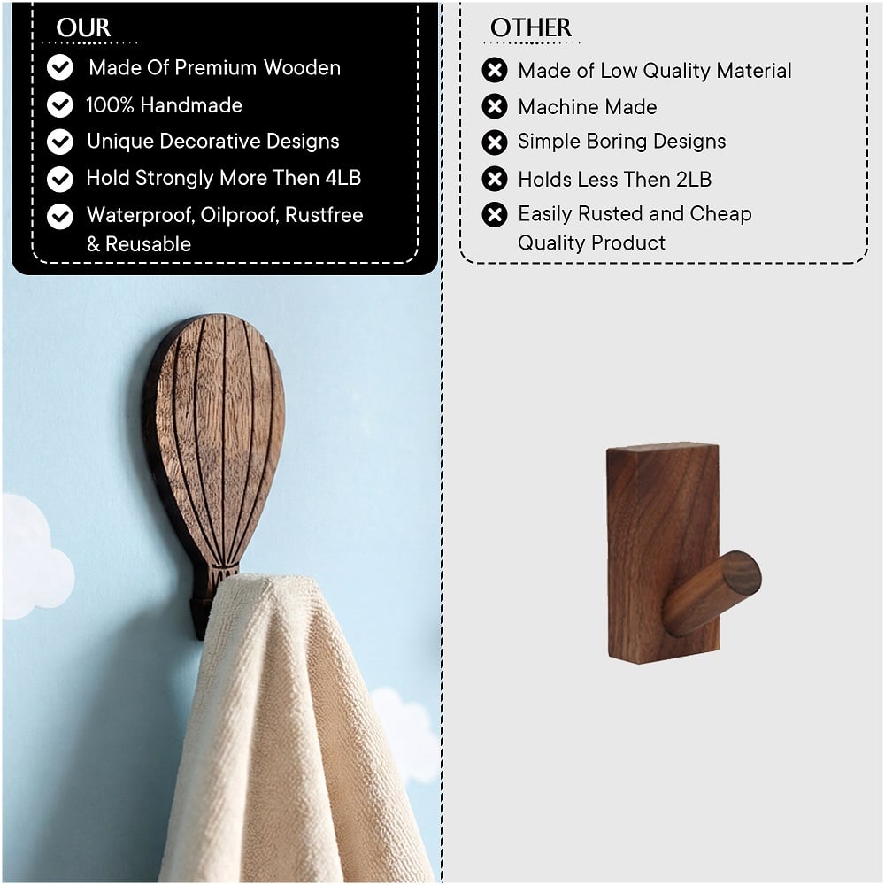Wooden Adhesive Hot Air Balloon Shape Wall Hooks-3 Pieces