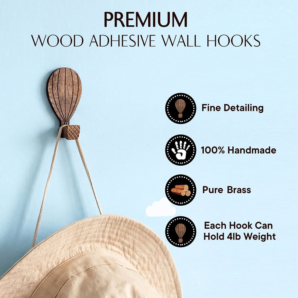 Wooden Adhesive Hot Air Balloon Shape Wall Hooks-3 Pieces