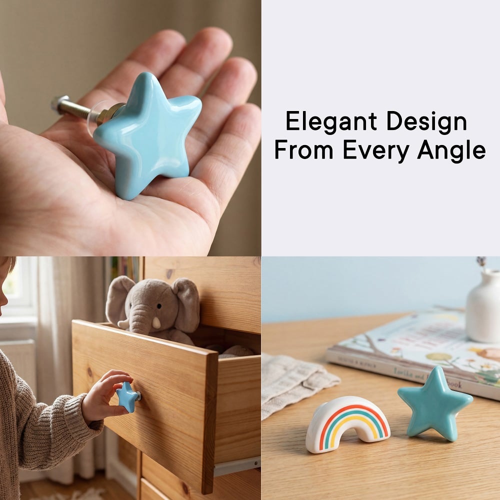 Multicolor Decorative Ceramic Star Cloud and Rainbow Shapes Cabinet Knobs-8 Pieces