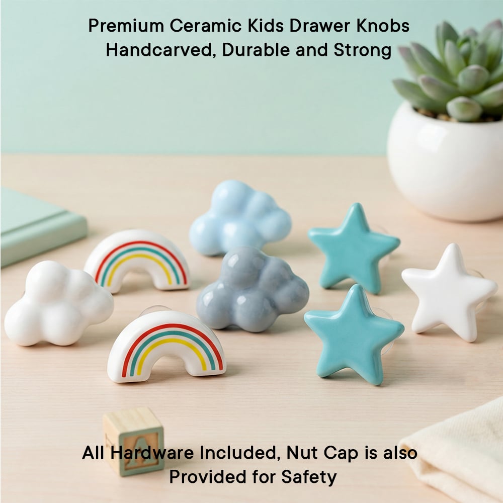 Multicolor Decorative Ceramic Star Cloud and Rainbow Shapes Cabinet Knobs-8 Pieces