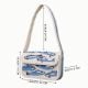 Handmade Beaded Shoulder Bag White & Blue Fish Pattern with Embroidery Detailing