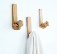 Natural Bird Shape Wooden Adheshive Wall Hook-Pack of 3