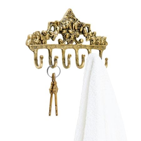 Brass Victorian Small Floral Arrrangement Six Wall Hook