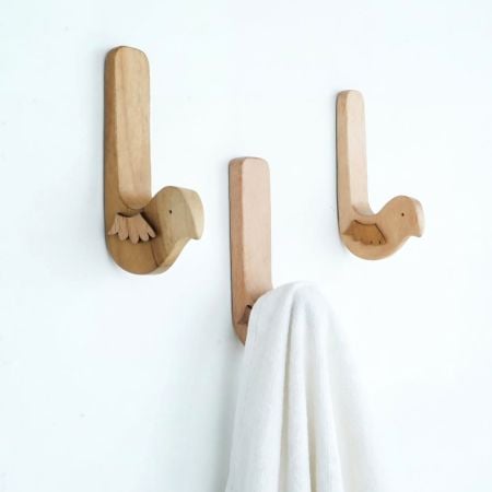 Natural Bird Shape Wooden Adheshive Wall Hook-Pack of 3