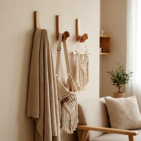 Natural Bird Shape Wooden Adheshive Wall Hook-Pack of 3