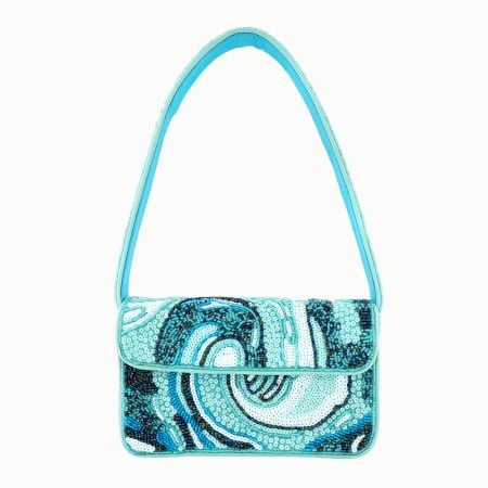 Luxury Handmade Beaded Shoulder Bag Blue Abstract Pattern