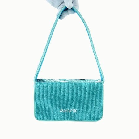 Luxury Handmade Beaded Shoulder Bag Blue Abstract Pattern