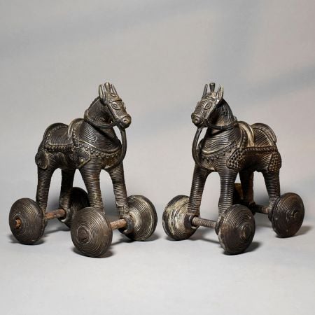 Pair of Vintage Brass Horse Rolling Toy Figurines