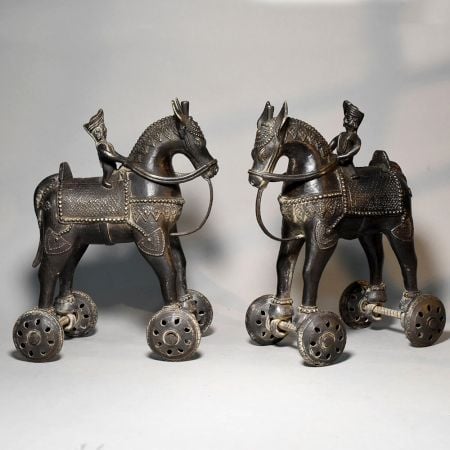 Vintage Brass Horse Rider Rolling Toy Figurine Pair