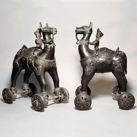 Antique Brass Camel Rider Rolling Toy Figurine Pair