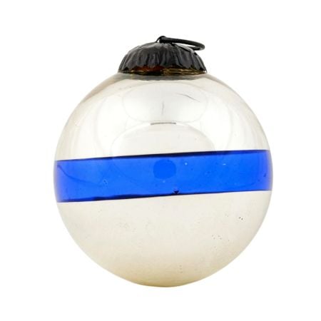 Blue Band Silver Round Glass Christmas Ornament