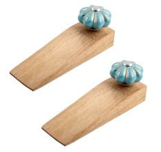 2 Pieces Light Blue Golden Leaf Big Melon Ceramic Wooden Door Stopper