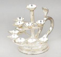 Handcrafted Silver Plated Copper Multi Tier Diya Stand with Handle