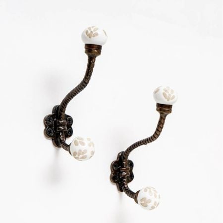 White Etched Ceramic Floral Iron Hooks-EHG-93 - Pack of 2