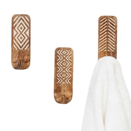 Wooden Brown White Pattern Adhesive Hook - Pack of 3