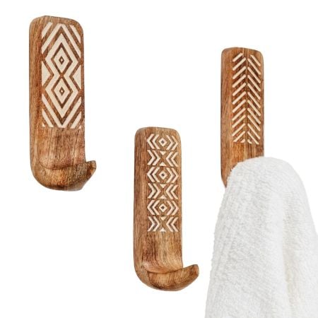 Wooden Brown White Pattern Adhesive Hook - Pack of 3
