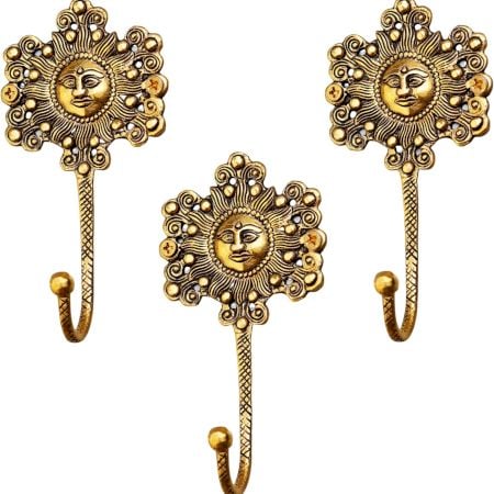 3 Pieces Handmade Yellow Brass Sun God Face Single Wall Hook