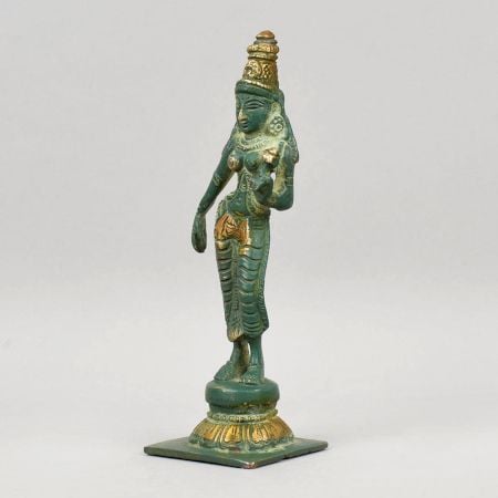 Handcrafted Brass Standing Devi Murti Antique Green Finish