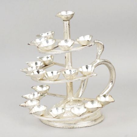 Handcrafted Silver Plated Copper Three Tier Diya Stand with Handle