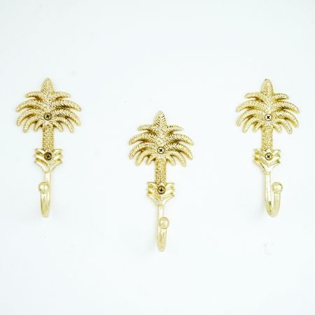 Handmade Golden Palm Tree Iron Wall Hooks-3 Pieces
