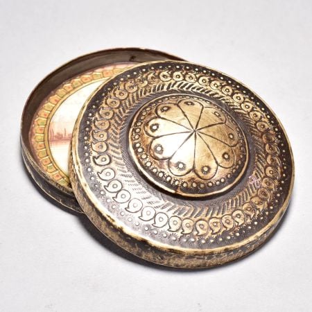 Vintage Brass Glass Round Box with Carving for Decoration