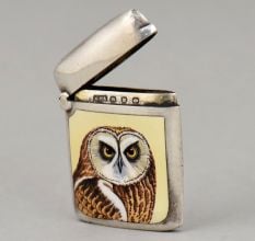 Vintage English Sterling Silver Owl Enamel Vesta Case