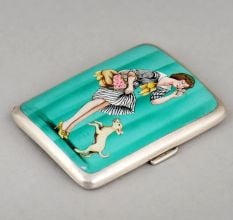 W&Co Ltd Sterling Silver Enamel Lady and Dog Cigarette Case