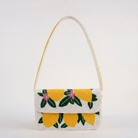 Handcrafted Lemon Beaded Floral Shoulder Bag