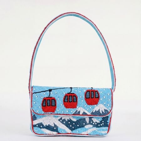 Handmade Ski Resort Beaded Shoulder Bag Mountain & Cable Car Design
