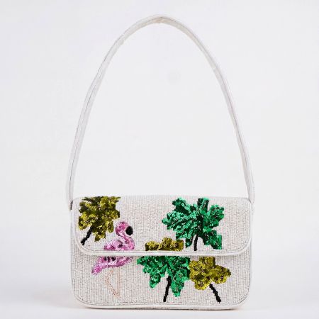 Handmade Flamingo & Palm Tree Beaded Shoulder Bag