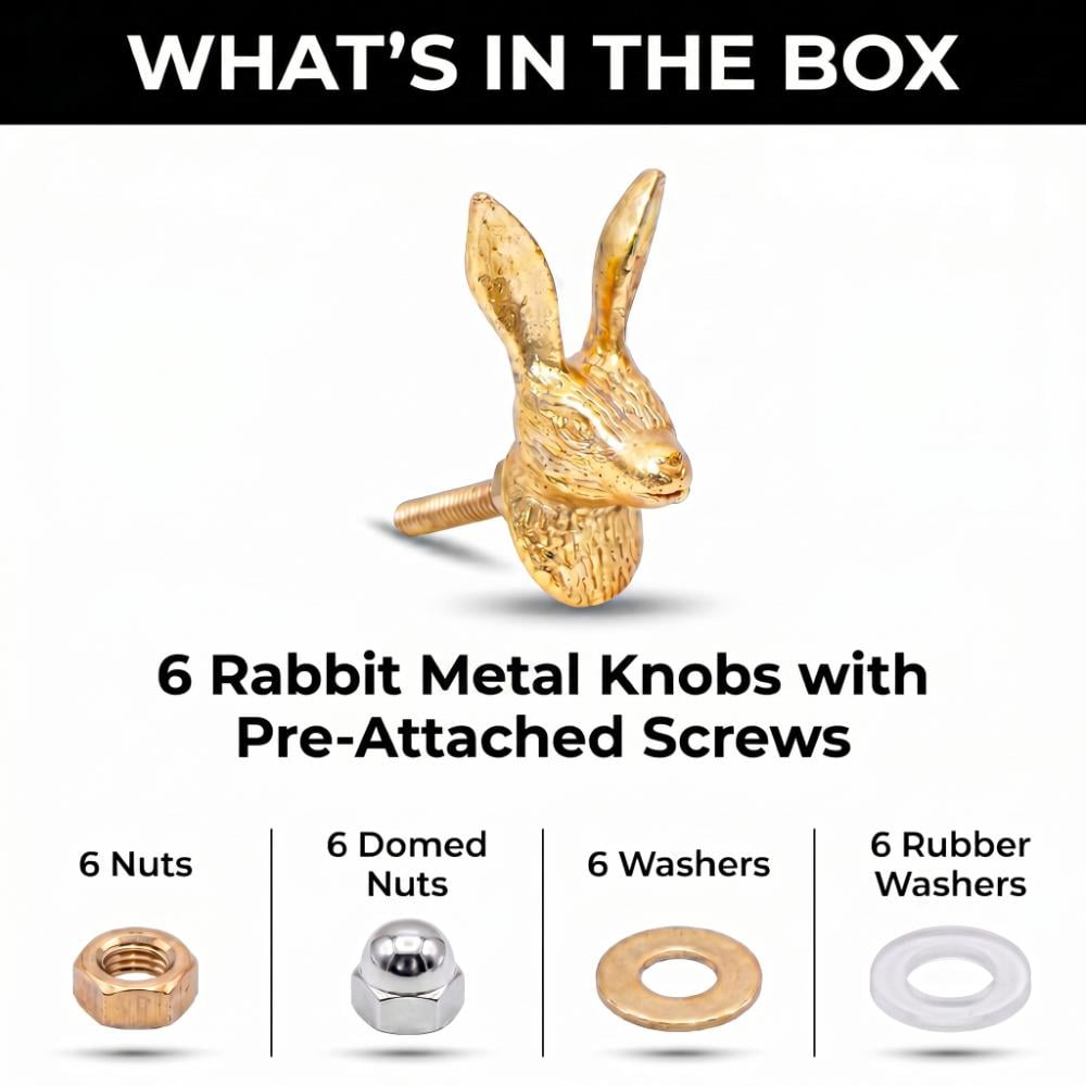 6 Pieces Golden Rabbit Metal Cabinet Knobs