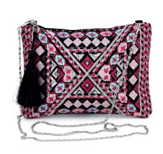 Boho Embroidered Evening Clutch Purse with Silver Chain Strap